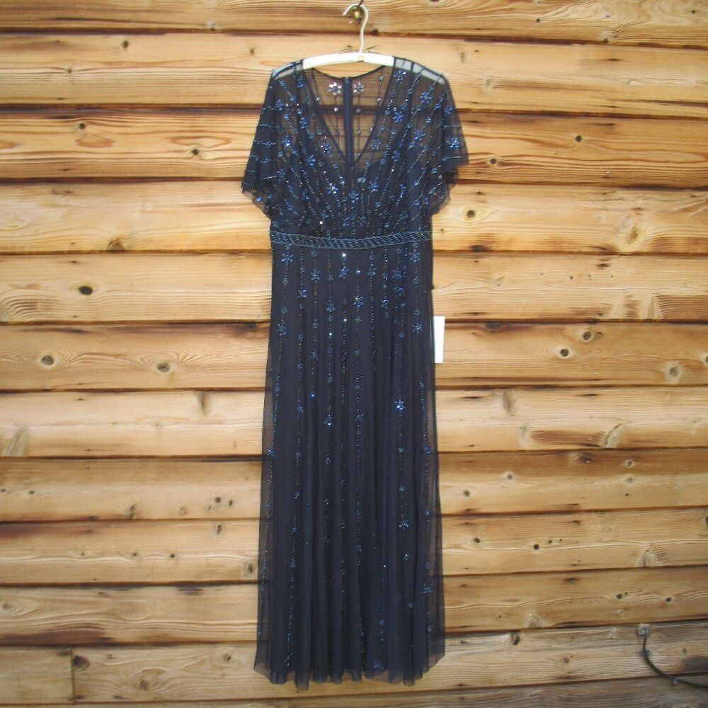 Mac Duggal 9223 Navy V Neck Embellished Flutter Sleeve A Line Gown - Picture 5 of 13